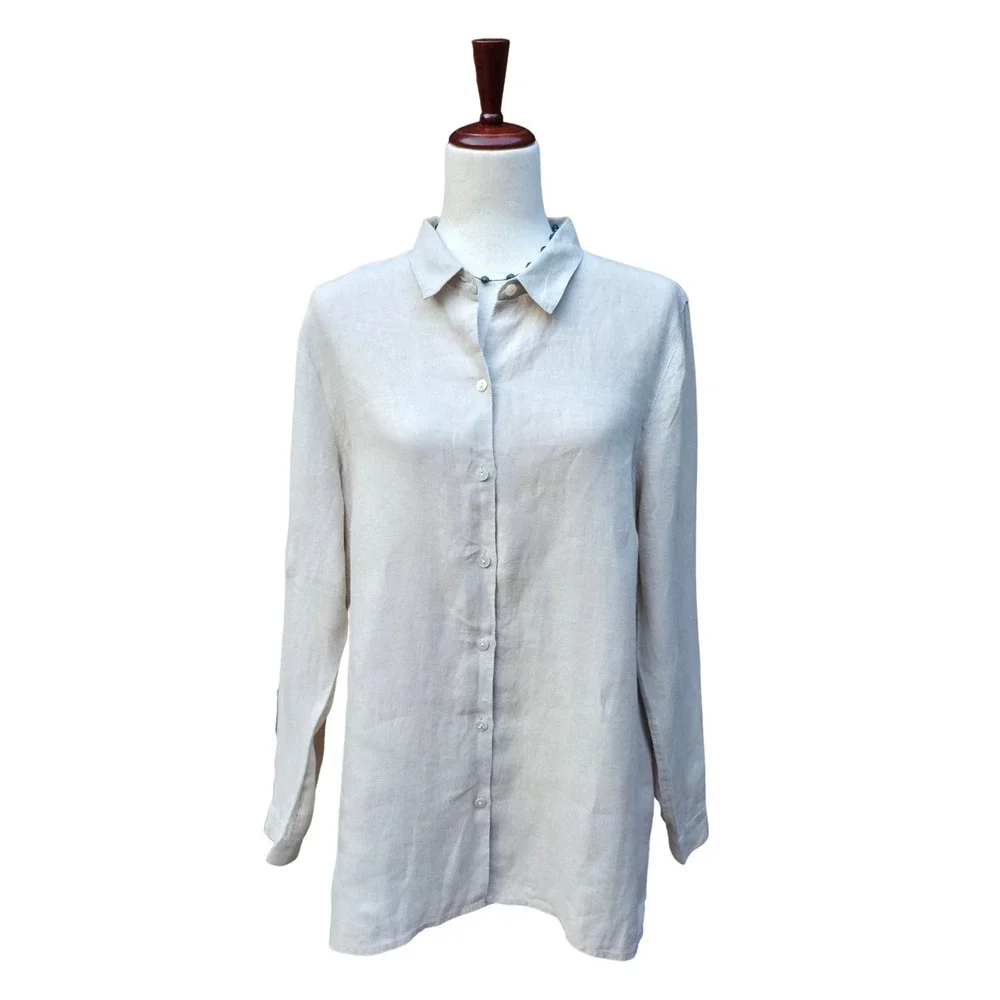 J. Jill Love Linen Button Down L Beige Coastal Minimalist Oversize Long Sleeve - Picture 9 of 13